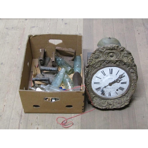 341 - 19C FRENCH CLOCK, ANTIQUE IRONS ETC