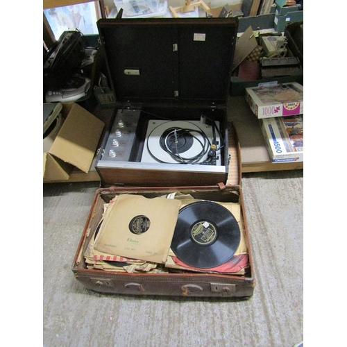 487 - LEATHER CASE WITH GRAMOPHONE RECORDS; RECORD PLAYER