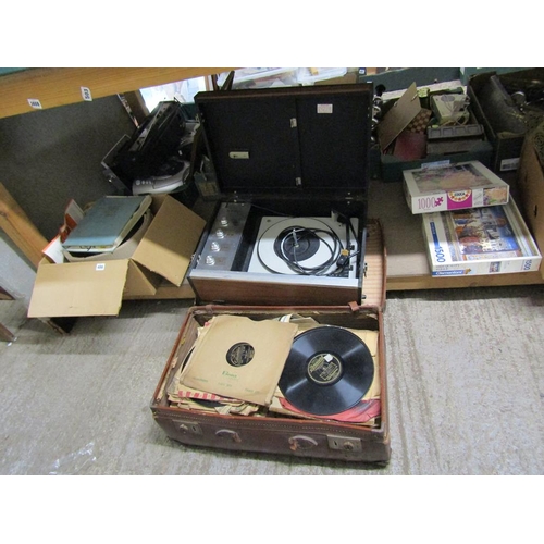 487 - LEATHER CASE WITH GRAMOPHONE RECORDS; RECORD PLAYER