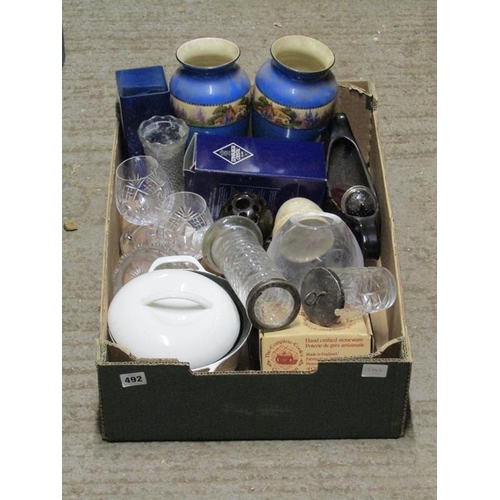 492 - BOX OF CRYSTAL GLASSWARE, CERAMICS ETC