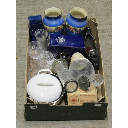 492 - BOX OF CRYSTAL GLASSWARE, CERAMICS ETC