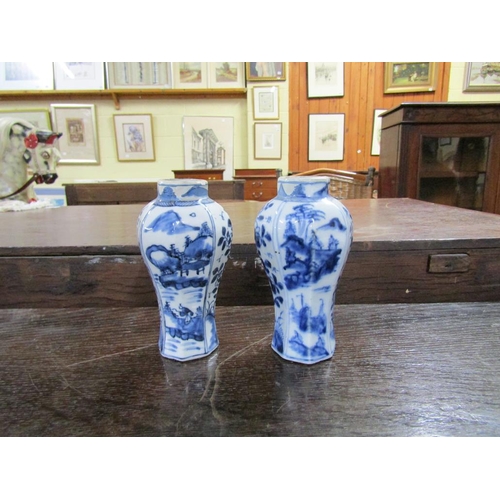 1755 - PAIR OF ORIENTAL B&W VASES, 13.5CM H