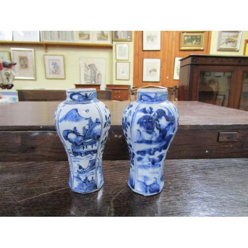 1755 - PAIR OF ORIENTAL B&W VASES, 13.5CM H