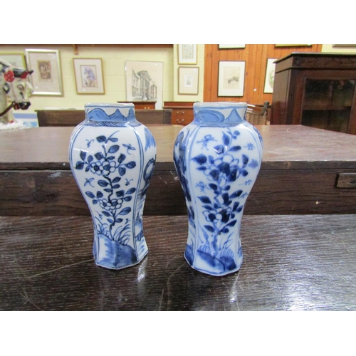 1755 - PAIR OF ORIENTAL B&W VASES, 13.5CM H