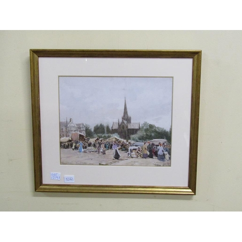 1219A - WILLIAM TATTON WINTER - MARKET DAY, DARLINGTON.  SIGNED AND TILED WATERCOLOUR F/G 27 x 34 cms