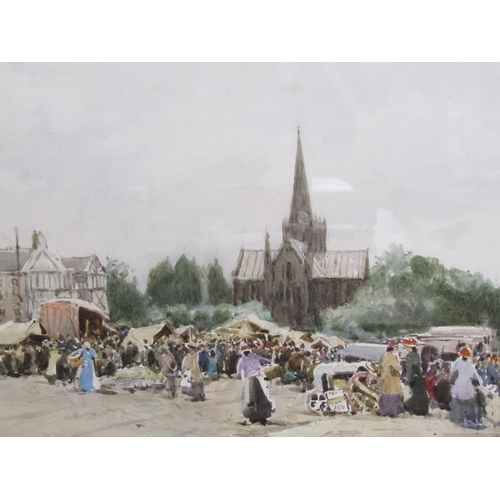 1219A - WILLIAM TATTON WINTER - MARKET DAY, DARLINGTON.  SIGNED AND TILED WATERCOLOUR F/G 27 x 34 cms