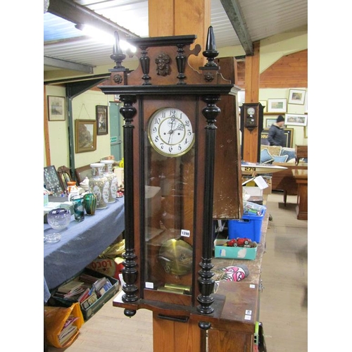 1298 - LATE VICTORIAN EBONISED AND WALNUT CASED VIENNA TYPE WALL CLOCK, 102CM H