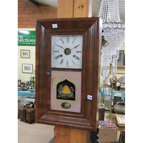 1300 - LATE 19C/EARLY 20C FIGURED WALNUT VENEERED CASED AMERICAN WALL CLOCK, 66CM H