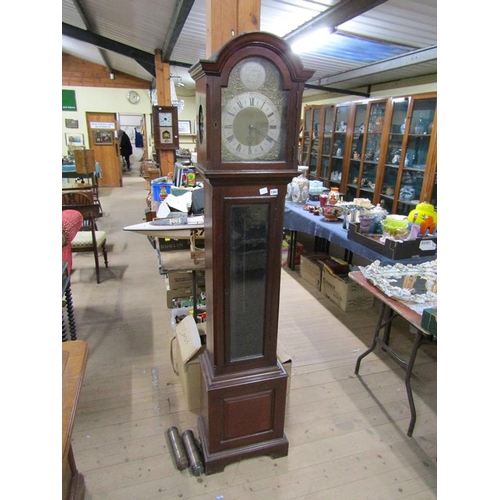 1303 - 19C TEMPUS FUSEE MAHOGANY LONGCASE CLOCK WITH ARCHED DIAL, 198CM H