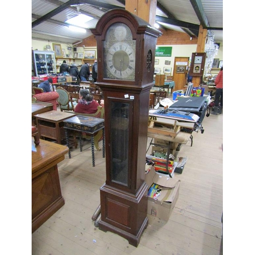1303 - 19C TEMPUS FUSEE MAHOGANY LONGCASE CLOCK WITH ARCHED DIAL, 198CM H
