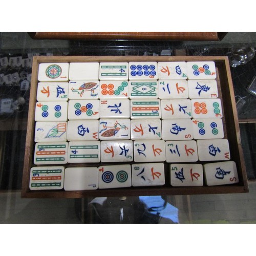 1390 - MAHJONG SET IN CARVED STEEL MOUNTED BOX - 24cms W