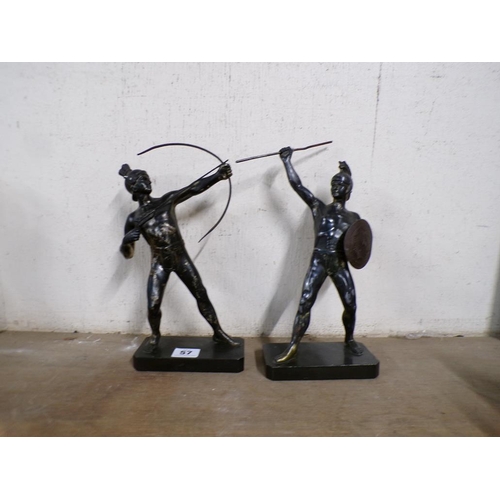 57 - PAIR OF BRONZED METAL FIGURES - CLASSICAL WARRIORS