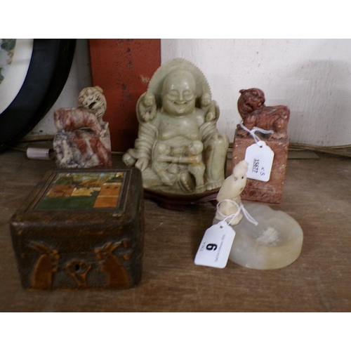 9 - CARVED ORIENTAL SOAPSTONE FIGURES, ART DECO ASHTRAY ETC