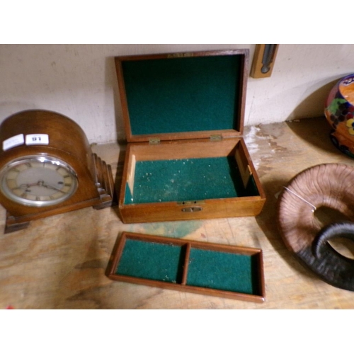 91 - WOODEN BOX; VINTAGE CLOCK