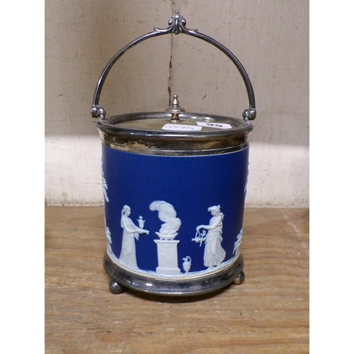 99 - WEDGWOOD JASPERWARE BISCUIT BARREL WITH SILVER PLATED MOUNTS