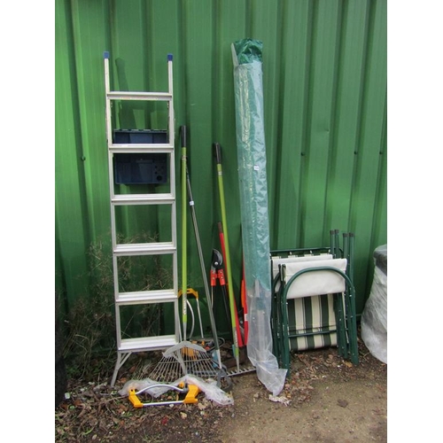 1028 - MISC GARDEN TOOLS, LADDERS ETC.