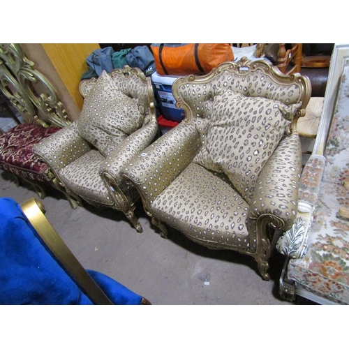 649 - TWO UPHOLSTERED GILT FRAMED BUTTON BACKED CHAIRS