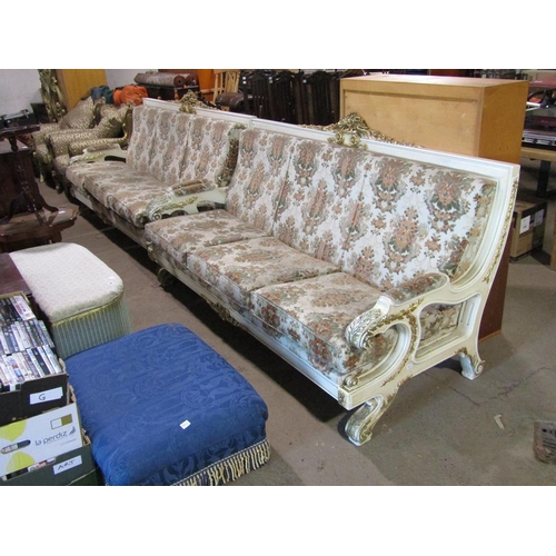 651 - PAIR OF CREAM AND GILT THREE SEATER SHOW FRAMED SOFAS