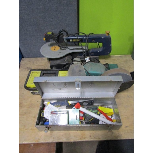 973 - SCROLL SAW, GRINDER, TWO TOOL BOXES ETC.