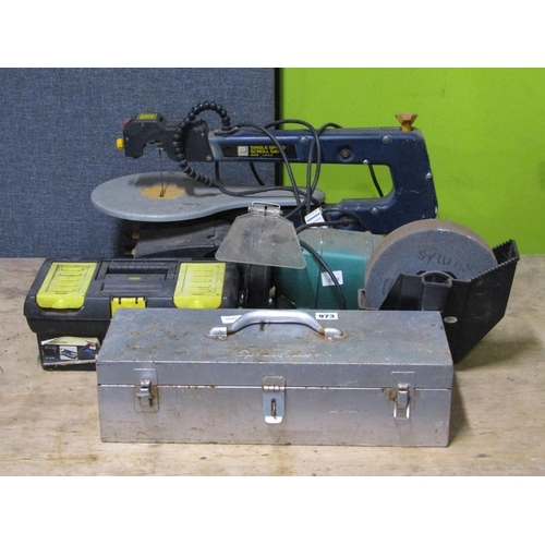 973 - SCROLL SAW, GRINDER, TWO TOOL BOXES ETC.