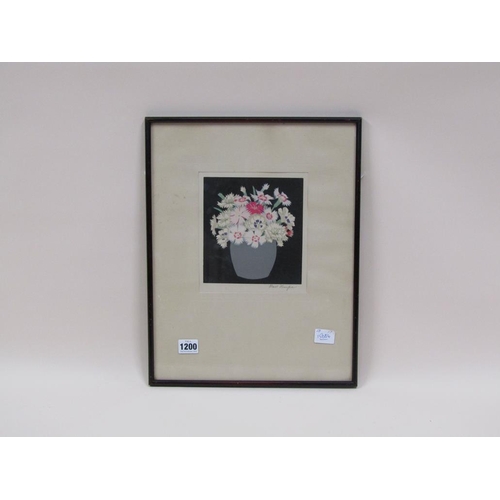 1200 - HALL THORPE - VASE OF CARNATIONS AND OTHER FLOWERS, COLOURED WOOD CUT PRINT, F/G, 18CM X 17CM