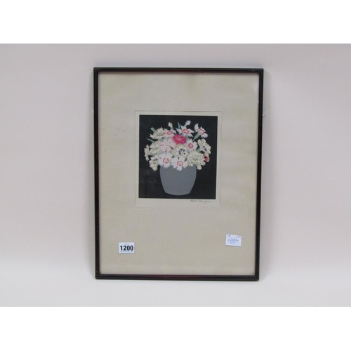 1200 - HALL THORPE - VASE OF CARNATIONS AND OTHER FLOWERS, COLOURED WOOD CUT PRINT, F/G, 18CM X 17CM