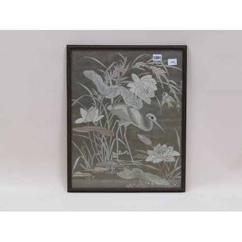 1201 - MEIJI PERIOD JAPANESE SILKWORK PICTURE IN SILVER AND GREY, LAKESIDE BIRDS, F/G, 44CM X 38CM