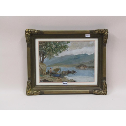 1202 - SIGNED INDISTINCTLY - ITALIAN LAKE SCENE, OIL ON PAPER, F/G, 25CM X 36CM