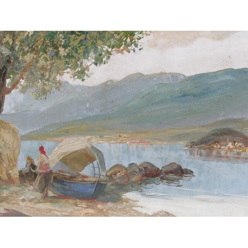 1202 - SIGNED INDISTINCTLY - ITALIAN LAKE SCENE, OIL ON PAPER, F/G, 25CM X 36CM