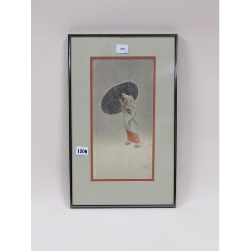 1206 - SHODO - EARLY 20C JAPANESE COLOURED PRINT, LADY WITH PARASOL, F/G, 37CM X 16CM