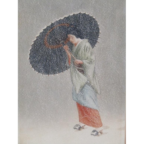 1206 - SHODO - EARLY 20C JAPANESE COLOURED PRINT, LADY WITH PARASOL, F/G, 37CM X 16CM