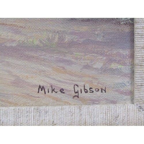 1209 - MIKE GIBSON - SHEEP ON THE MOVE, SIGNED OIL ON CANVAS, FRAMED, 24CM X 34CM