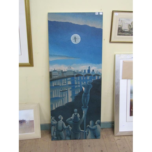 1213 - SIMON BLAKE - THE TIGHTROPE WALKER, OIL ON CANVAS, 153CM X 61CM