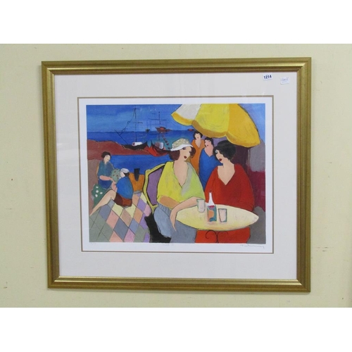 1214 - ITZCHAK TARKAY - TWO LADIES DRINKING WINE 'SOCIETY', F/G COLOURED PRINT, SIGNED IN PENCIL, 56CM X 69... 