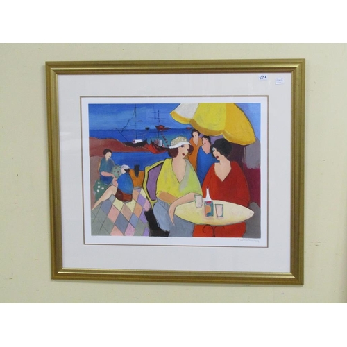 1214 - ITZCHAK TARKAY - TWO LADIES DRINKING WINE 'SOCIETY', F/G COLOURED PRINT, SIGNED IN PENCIL, 56CM X 69... 