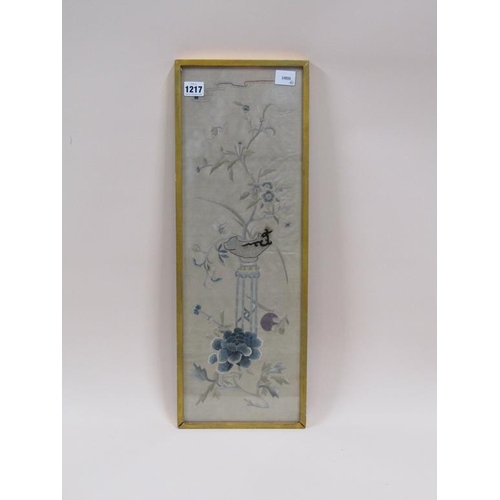 1217 - JAPANESE MEIJI PERIOD SILKWORK PICTURE - PEDESTAL AND FLOWERS, F/G