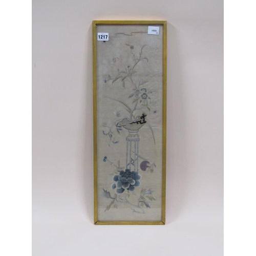 1217 - JAPANESE MEIJI PERIOD SILKWORK PICTURE - PEDESTAL AND FLOWERS, F/G