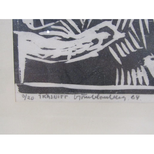 1219 - BLACK ON WHITE WOODBLOCK PRINT - TRACTOR, TRASNITT, 27CM X 33CM