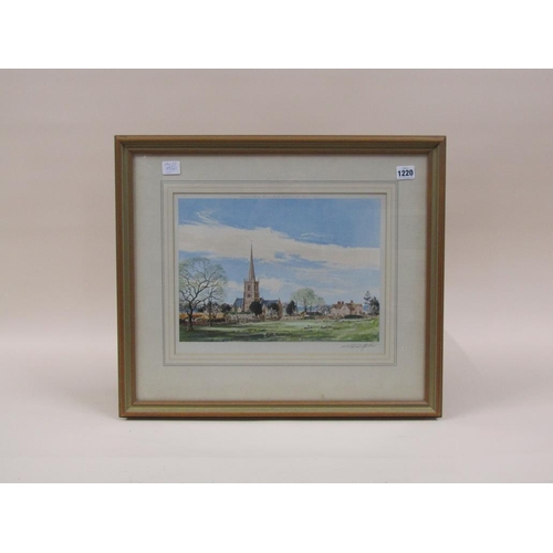 1220 - FRAMED COLOURED PRINT - SHEEP GRAZING WITH CHURCH BEYOND, FRAMED 30CM X 37CM