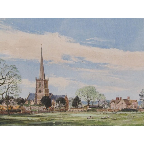 1220 - FRAMED COLOURED PRINT - SHEEP GRAZING WITH CHURCH BEYOND, FRAMED 30CM X 37CM