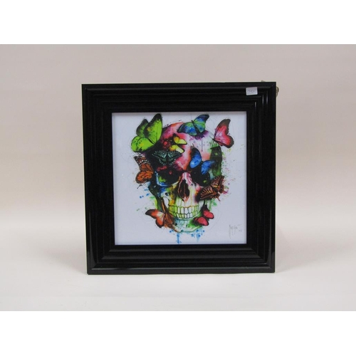 1222 - PATRICE MURCIANO SKULL AND BUTTERFLIES PRINT, F/G, 38CM X 38CM