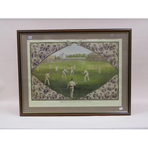 1225 - FRAMED COLOURED PRINT - ENGLISH AND AUSTRALIAN CRICKERS AT LORDS, JULY 1886, F/G, 62CM X 86CM