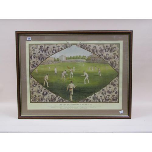 1225 - FRAMED COLOURED PRINT - ENGLISH AND AUSTRALIAN CRICKERS AT LORDS, JULY 1886, F/G, 62CM X 86CM