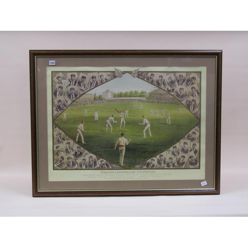 1225 - FRAMED COLOURED PRINT - ENGLISH AND AUSTRALIAN CRICKERS AT LORDS, JULY 1886, F/G, 62CM X 86CM