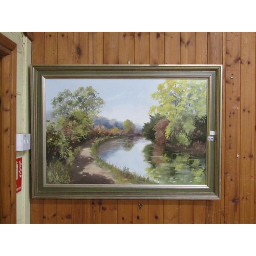 1229 - OLIVE WALKER - A BEND IN THE CANAL, SIGNED IN MONO, FRAMED, OIL ON CANVAS, 60CM X 90CM