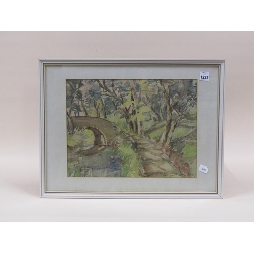 1232 - MARGARET LAWTHER - STONE BRIDGE IN A WOODLAND SETTING, SIGNED WATERCOLOUR, F/G, 32CM X 45CM