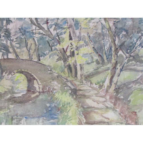 1232 - MARGARET LAWTHER - STONE BRIDGE IN A WOODLAND SETTING, SIGNED WATERCOLOUR, F/G, 32CM X 45CM