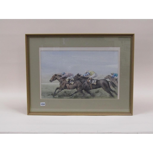 1234 - HARRY SHELDON - FLYING START 97, SIGNED AND DATED WATERCOLOUR, F/G, 32CM X 51CM