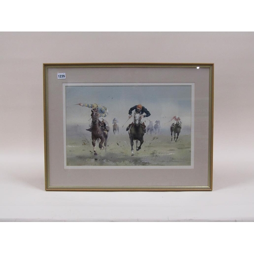 1235 - HARRY SHELDON - DRIVING FINISH, SIGNED WATERCOLOUR, F/G, 32CM X 50CM