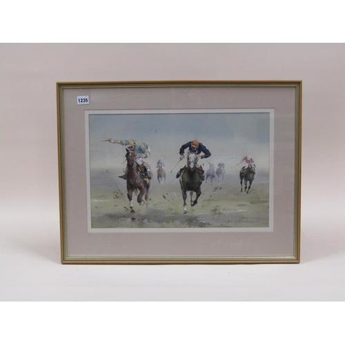 1235 - HARRY SHELDON - DRIVING FINISH, SIGNED WATERCOLOUR, F/G, 32CM X 50CM